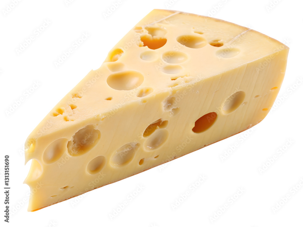 Unique slice of swiss cheese captured in close-up culinary delight kitchen setting, isolated on white or transparent background Unique slice of swiss cheese captured in close-up culinary delight kitchen setting, isolated on white or transparent background