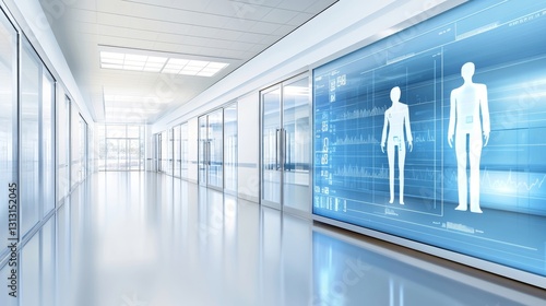 Futuristic medical tech display in bright  modern hospital hallway