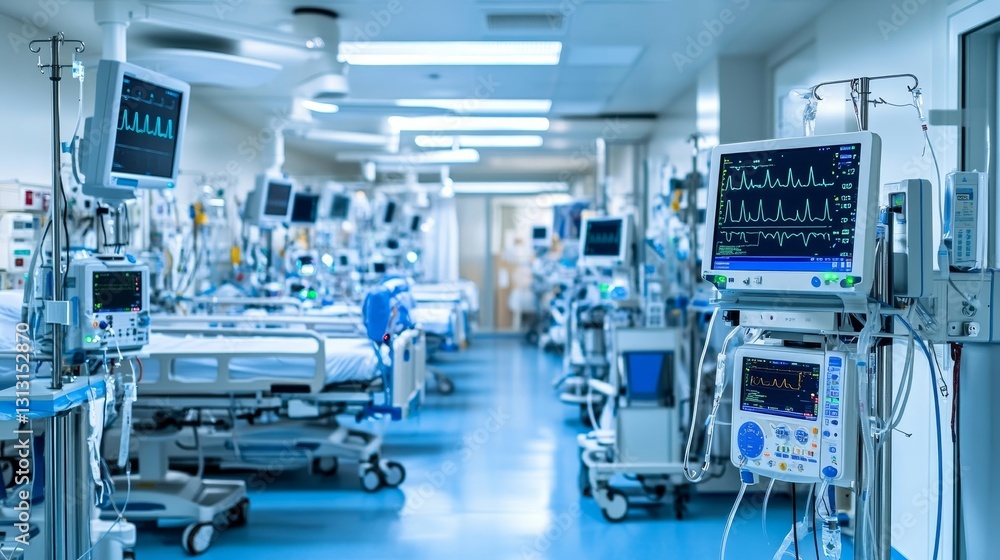 Empty hospital ICU with monitoring devices and medical equipment Empty hospital ICU with monitoring devices and medical equipment