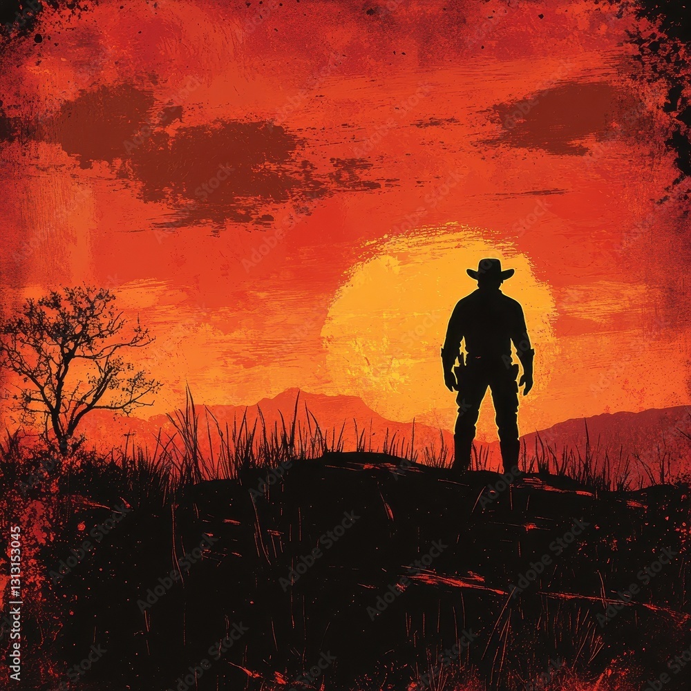Fototapeta premium A lone cowboy silhouette standing in a sunset landscape scene