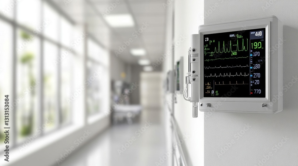 Hospital hallway with mounted medical monitors showing patient vitals Hospital hallway with mounted medical monitors showing patient vitals