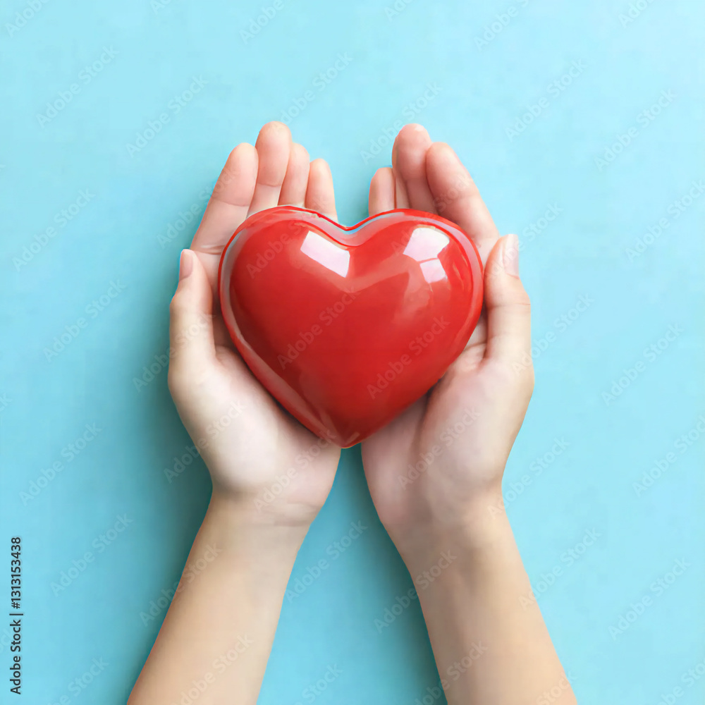 Obraz premium Adult and child hands holding red heart on aqua background, heart health, donation, CSR concept, world heart day