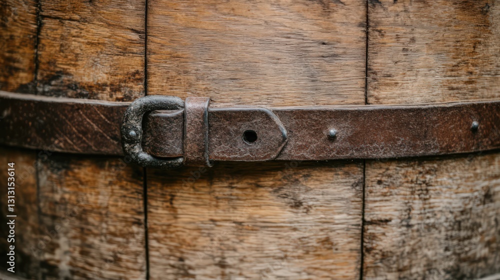 Weathered Wooden Barrel with Rusty Leather Strap and Metal Buckle Weathered Wooden Barrel with Rusty Leather Strap and Metal Buckle
