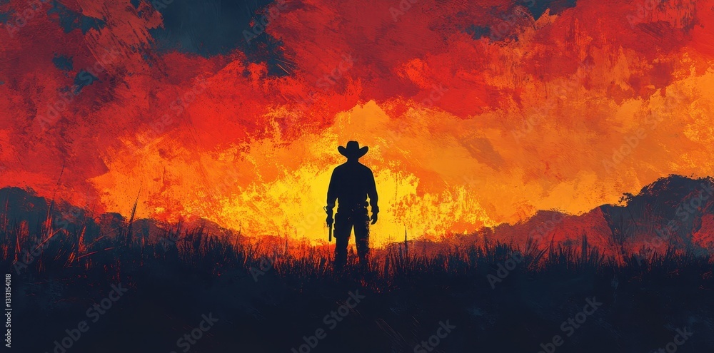 Fototapeta premium A lone cowboy stands silhouetted against the vibrant fiery sunset sky