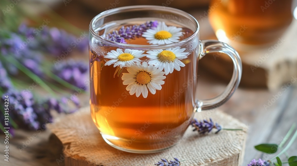 Fresh Herbal Tea with Chamomile and Lavender in Glass Mug Fresh Herbal Tea with Chamomile and Lavender in Glass Mug