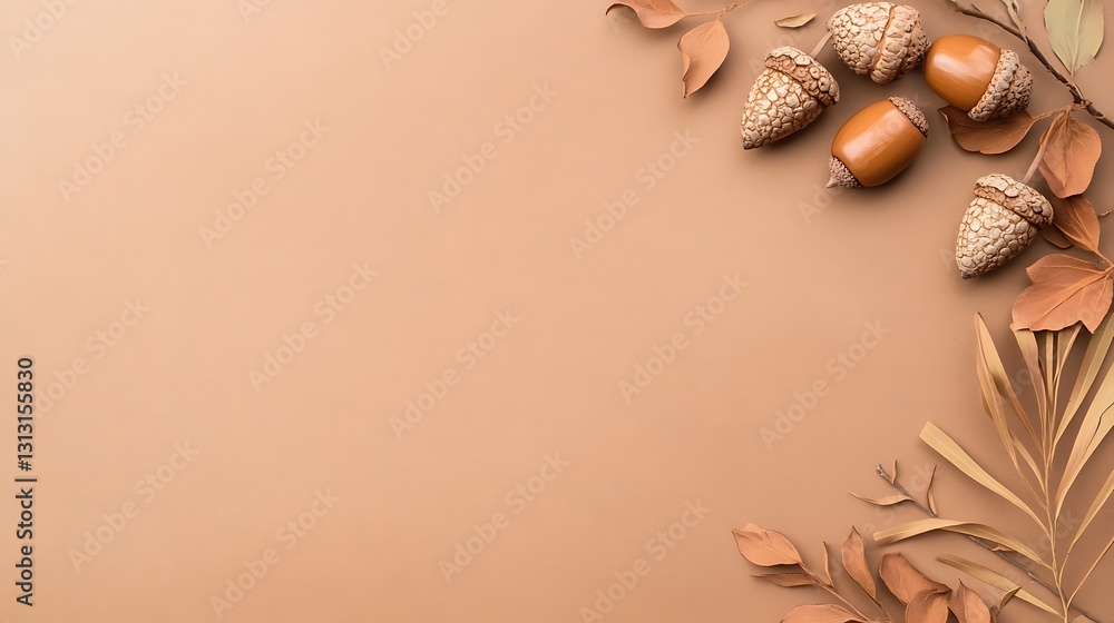 Autumnal Acorn and Leaf Flat Lay: Warm Earth Tones Composition AI Generated Autumnal Acorn and Leaf Flat Lay: Warm Earth Tones Composition AI Generated