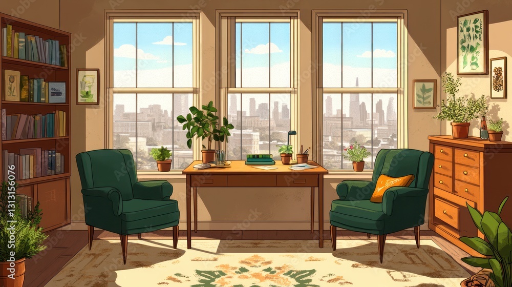 Fototapeta premium Cozy room with city view, study area, plants, relaxing