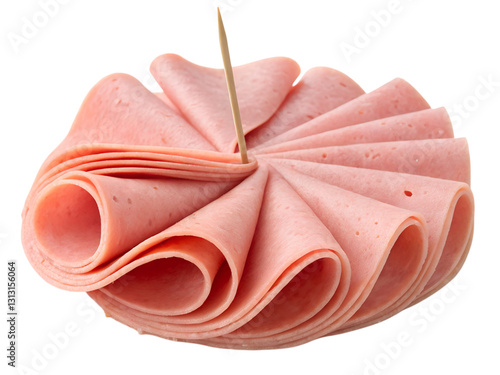 Intricate folding of bologna slices on a toothpick gourmet food art studio setting, isolated on white or transparent background