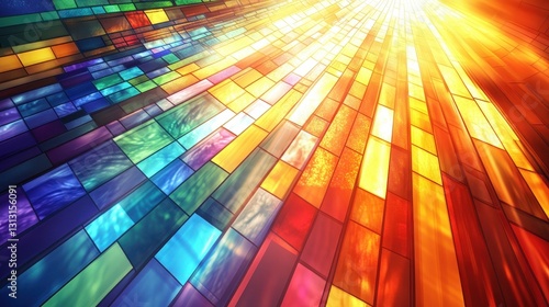 Sunlight shining through colorful stained glass windows in a pattern
