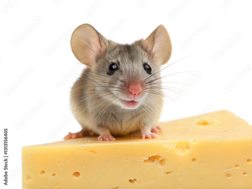 Fototapeta premium Adorable tiny mouse with oversized ears on cheese indoor setting cute animal photography, isolated on white or transparent background