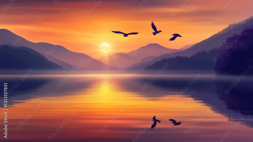 Fototapeta premium Serene sunset over a tranquil lake with mountains and birds flying in the sky