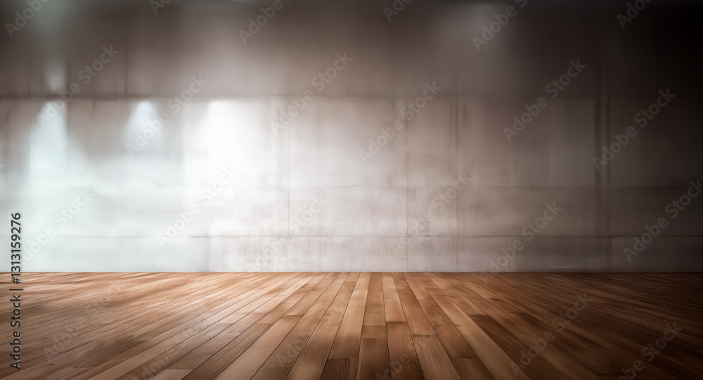 Empty room featuring a polished wooden floor and a textured grey wall with spotlights casting bright beams from above. Minimalist interior setting. Empty room featuring a polished wooden floor and a textured grey wall with spotlights casting bright beams from above. Minimalist interior setting.