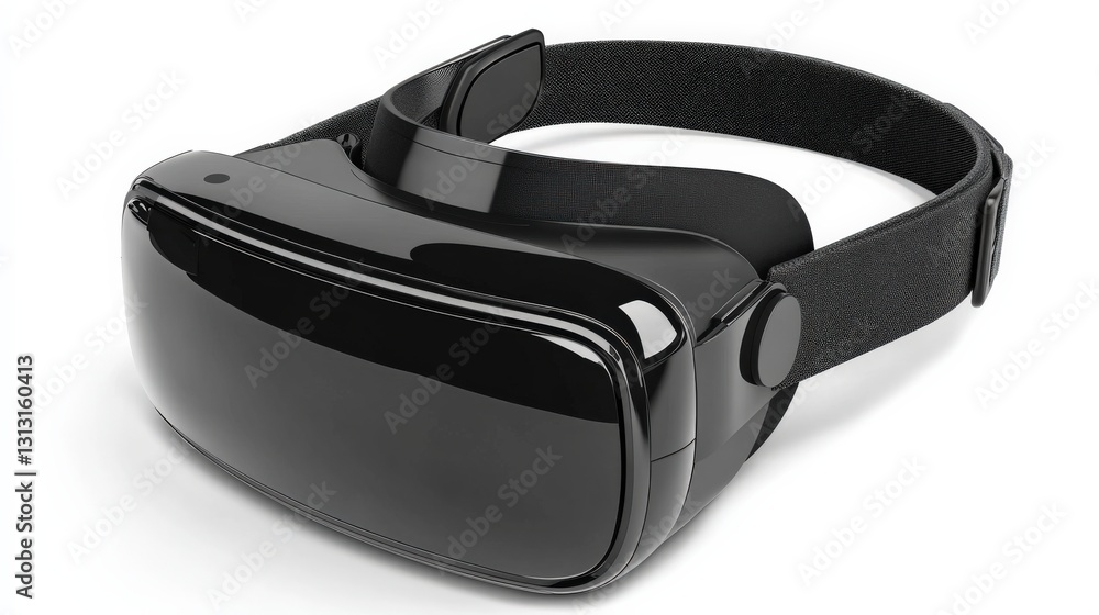 Sleek black virtual reality headset positioned on a white surface, showcasing modern technology design Sleek black virtual reality headset positioned on a white surface, showcasing modern technology design