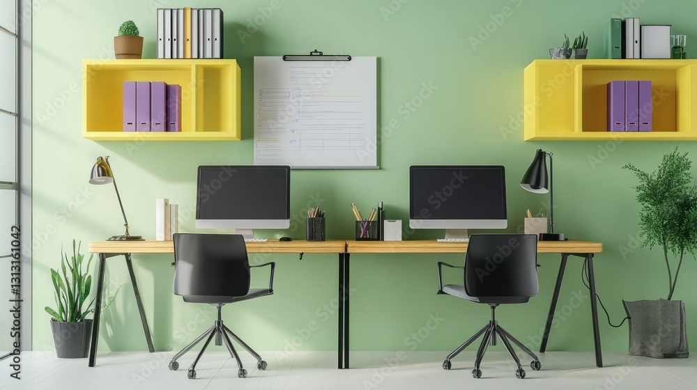 Modern workspace with dual computer setup, sunny day, minimalist design Modern workspace with dual computer setup, sunny day, minimalist design