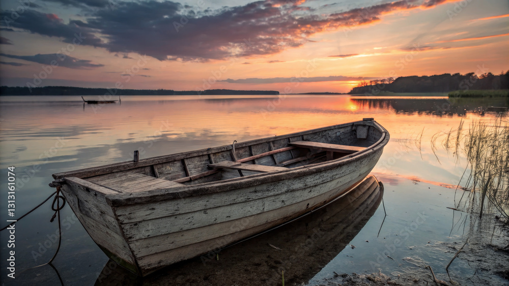 serene sunset over calm lake with wooden boat anchored at shore, reflecting warm colors in water. tranquil scene evokes sense of peace and natural beauty serene sunset over calm lake with wooden boat anchored at shore, reflecting warm colors in water. tranquil scene evokes sense of peace and natural beauty