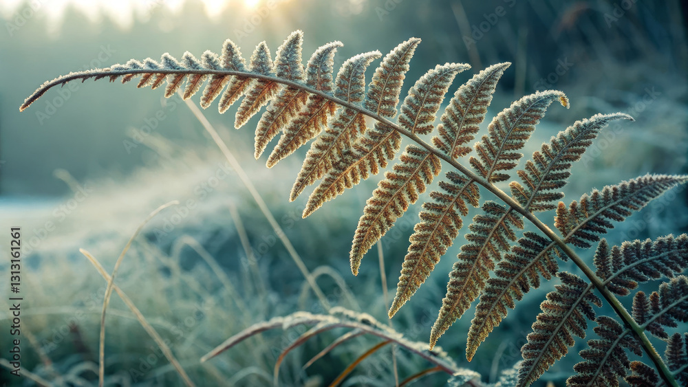 Frost covered fern leaf in serene nature setting, showcasing delicate details and soft morning light. tranquil moment in wilderness