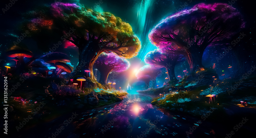 Enchanted night landscape with luminescent trees and flora. Vivid colors illuminate a mysterious forest path under a bright light. Enchanted night landscape with luminescent trees and flora. Vivid colors illuminate a mysterious forest path under a bright light.