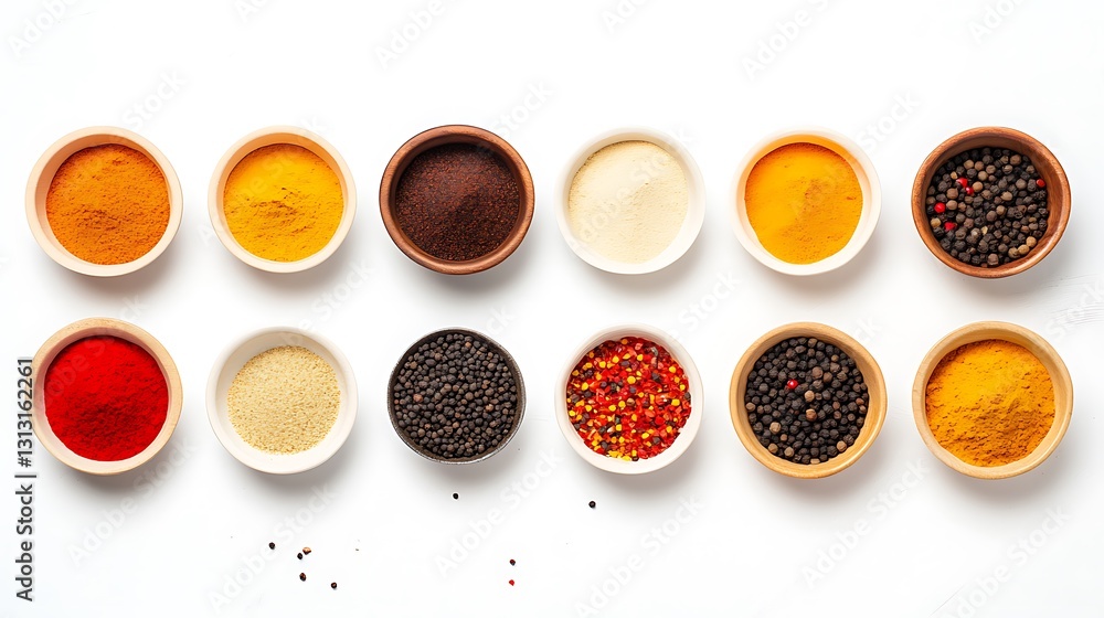 Vibrant Spice Collection in Small Bowls: A Flat Lay Photography AI Generated Vibrant Spice Collection in Small Bowls: A Flat Lay Photography AI Generated