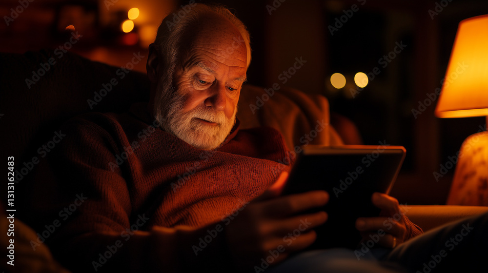 Elderly Man Working Remotely on Tablet in Cozy Evening Light
Elderly Man Working Remotely on Tablet in Cozy Evening Light