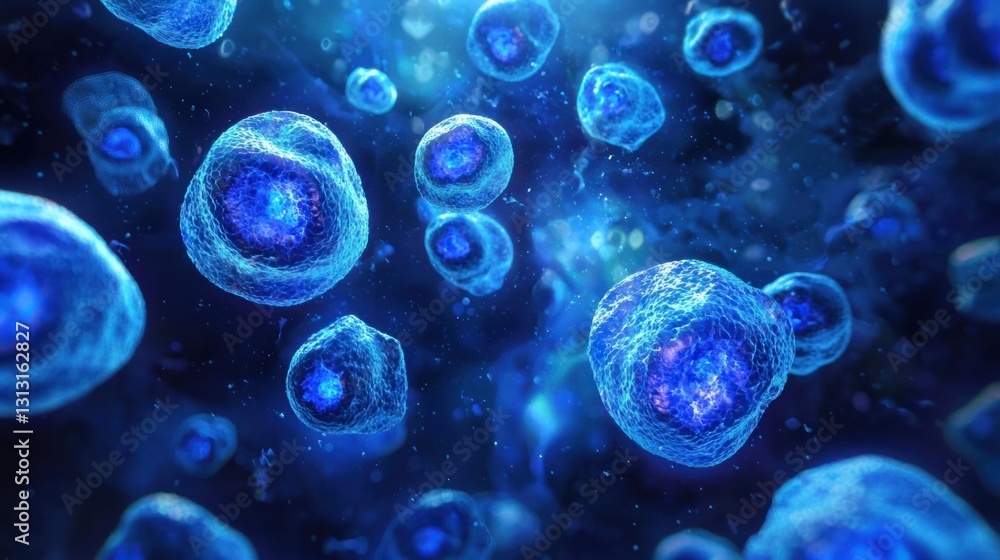 Fototapeta premium Microscopic View of Blue Biological Cells on Dark Background