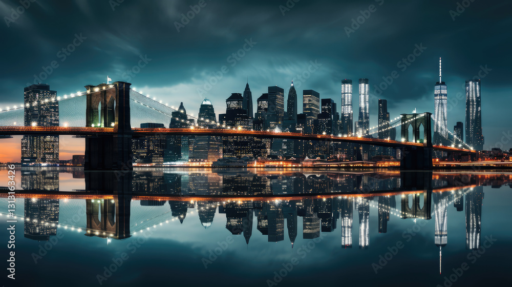 Fototapeta premium Reflected Skyline under Twilight Bridge