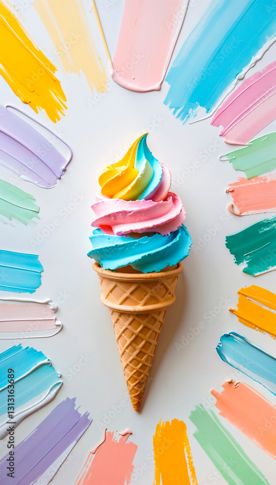 Bright rainbow white ice cream cone with pastel paint stripes on white background