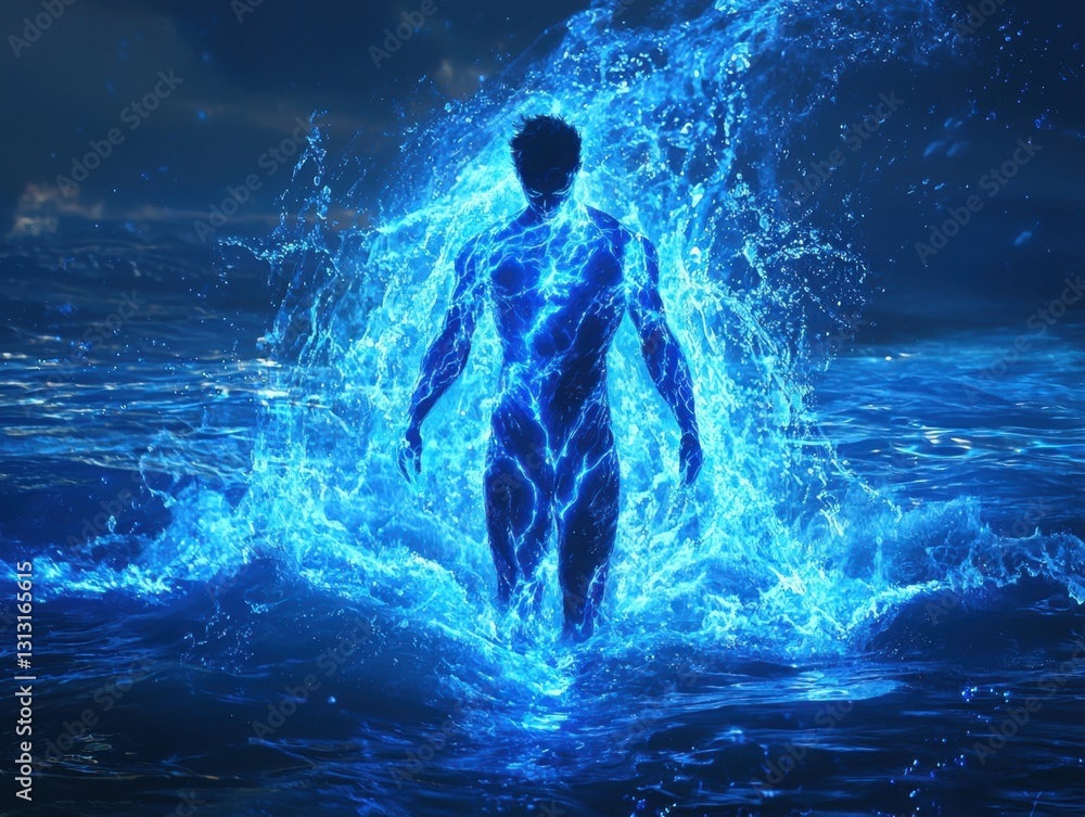 Obraz premium Water elemental figure emerging from turbulent seas, radiating electric blue energy, blending the power of water and electricity in a dramatic display