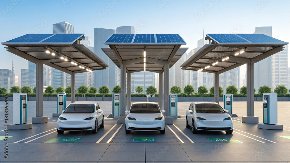 Obraz premium Electric Vehicles Renewable Energy Infrastructure concept Futuristic energy efficient parking lot with solar panels and electric cars