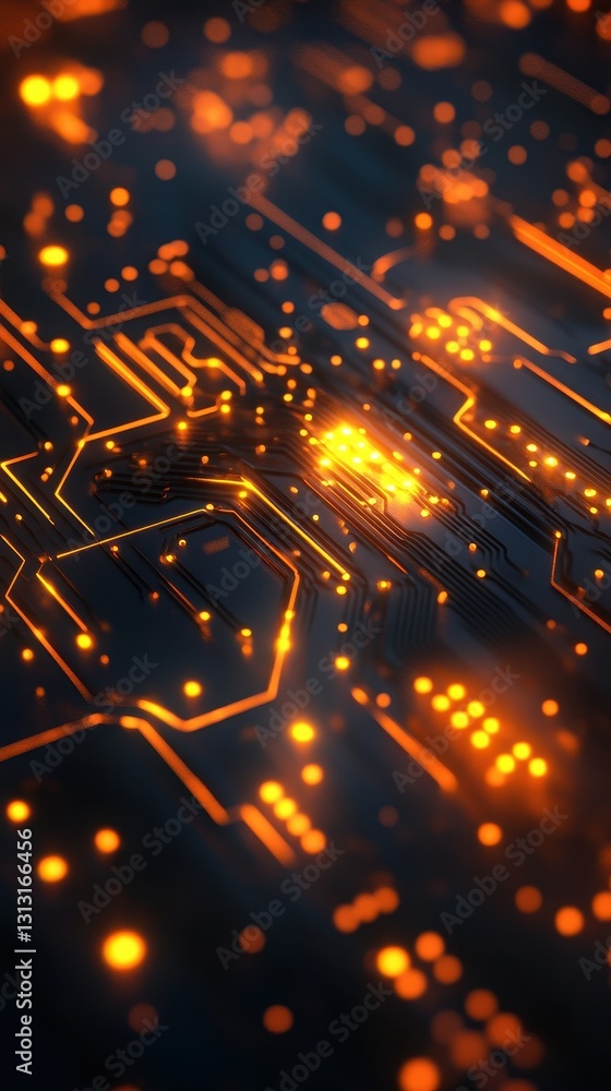 Illuminated orange circuit board with interconnected pathways and glowing dots Illuminated orange circuit board with interconnected pathways and glowing dots