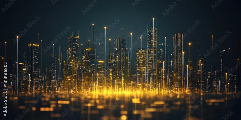 Fototapeta premium Illuminated urban cityscape featuring interconnected glowing digital network lines