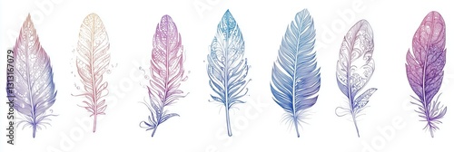 Seven pastel feathers line art hand drawn design. AI generated
