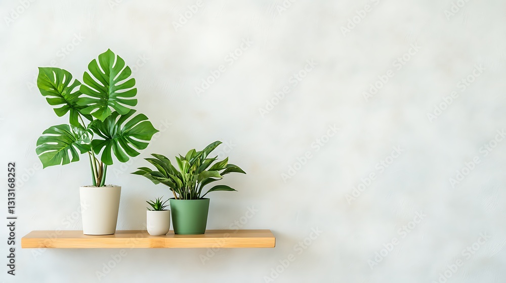 Lush Greenery on a Wooden Shelf: A Modern Home Decor Still Life AI Generated Lush Greenery on a Wooden Shelf: A Modern Home Decor Still Life AI Generated