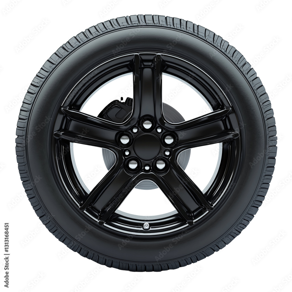 Obraz premium Black rubber car wheel tire, isolated on a transparent background, showcasing an automobile transport part with a silver rim.