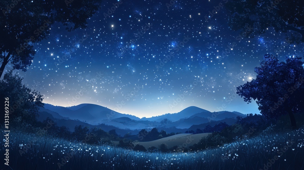 Fototapeta premium A beautiful night sky with stars over rolling hills and trees