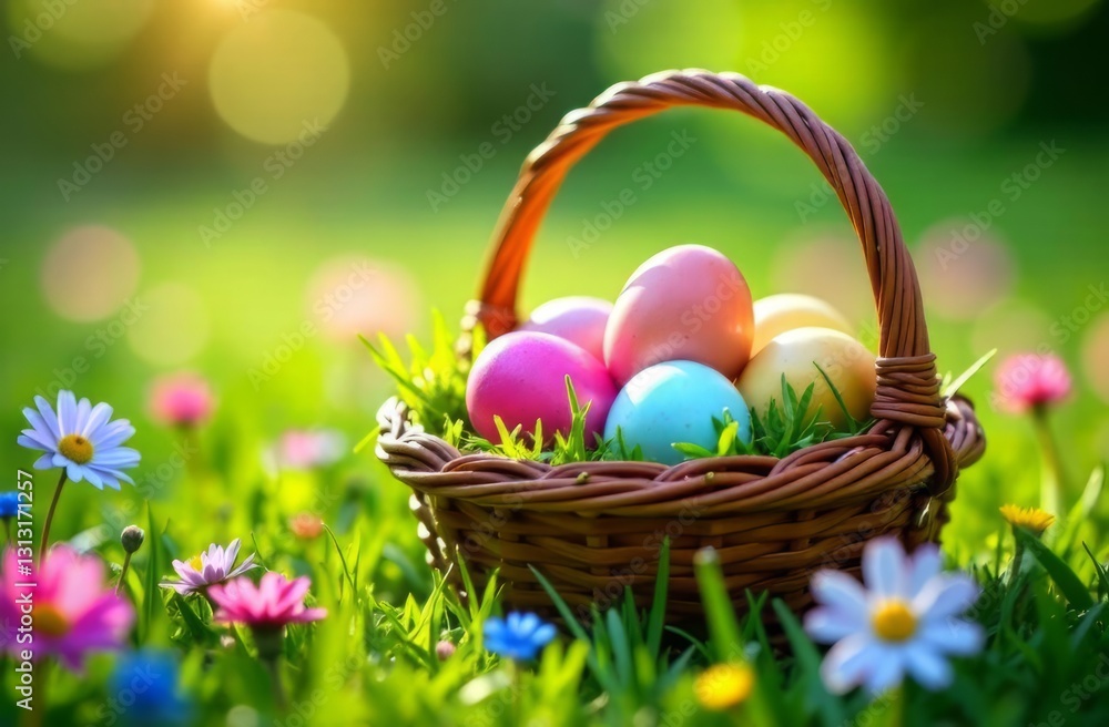 Fototapeta premium Easter background, banner, postcard.Color eggs in a basket in a clearing with flowers.