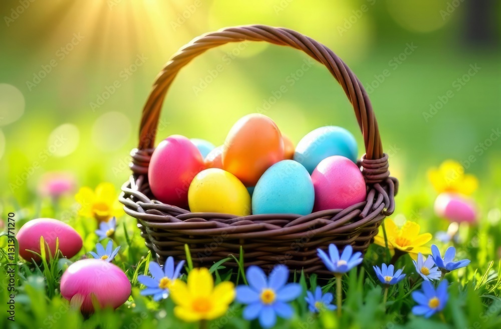 Color eggs in a basket in a clearing with flowers. Easter background, banner, postcard. Color eggs in a basket in a clearing with flowers. Easter background, banner, postcard.