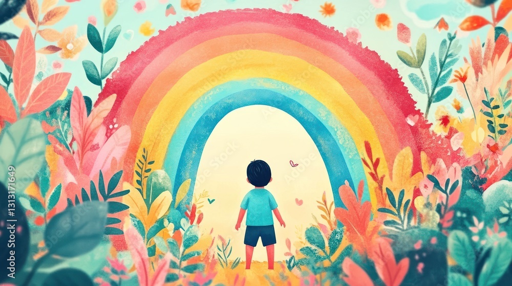 A small child is standing beneath a vibrant colorful rainbow arch A small child is standing beneath a vibrant colorful rainbow arch