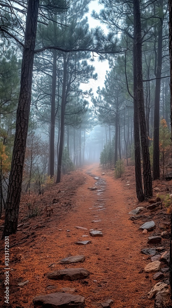 Fototapeta premium circulation fog mist Misty forest path lined with tall trees.