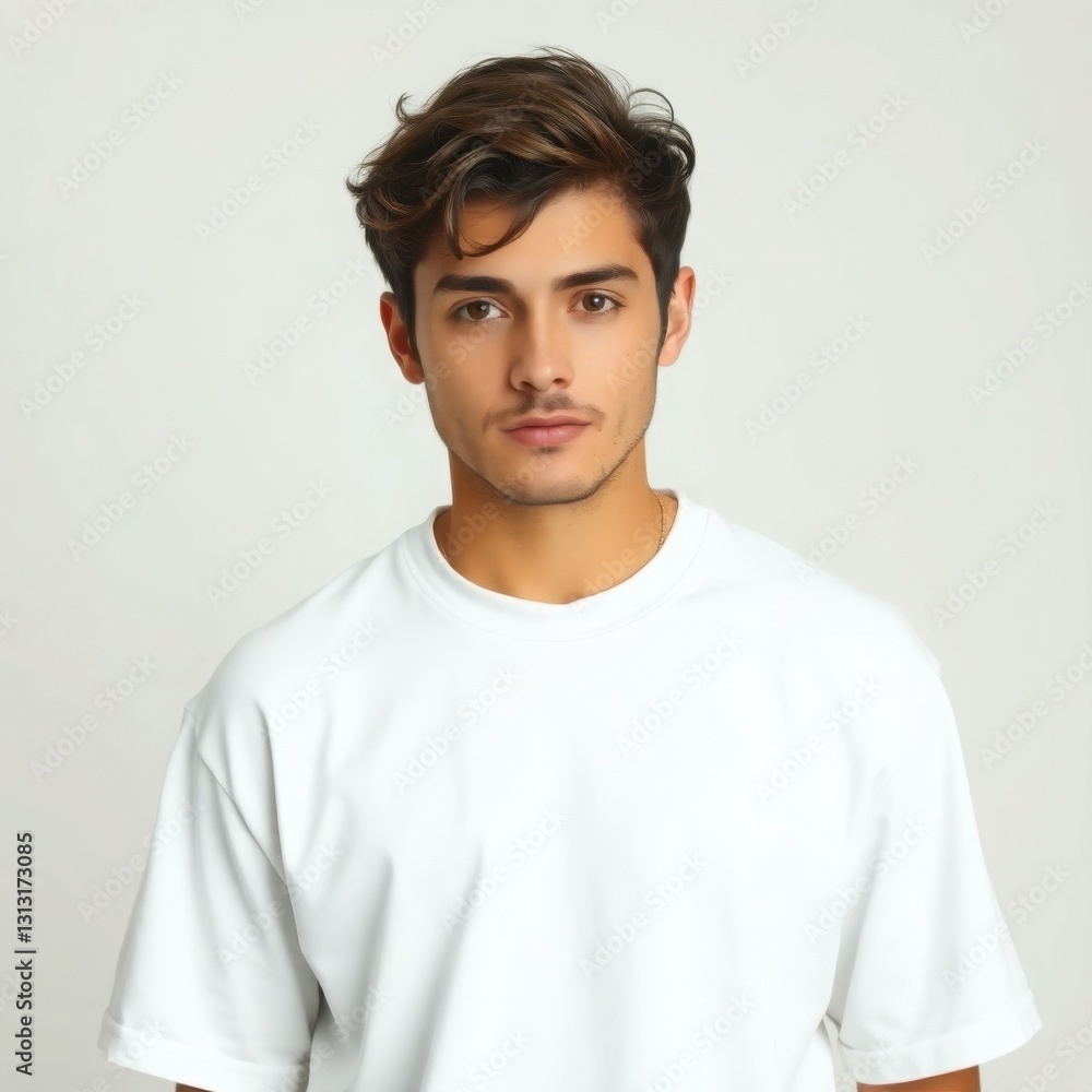 Fototapeta premium Adorable charming man with cute features wearing an oversized white t-shirt mockup