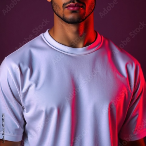 Wallpaper Mural Close-up shot of a man wearing an oversized white t-shirt mockup rich burgundy and deep blue tones sophisticated elegant detailed focus Torontodigital.ca