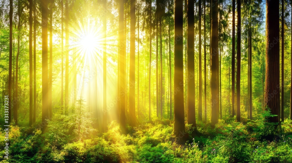 Sun shining brightly through trees in the forest Sun shining brightly through trees in the forest