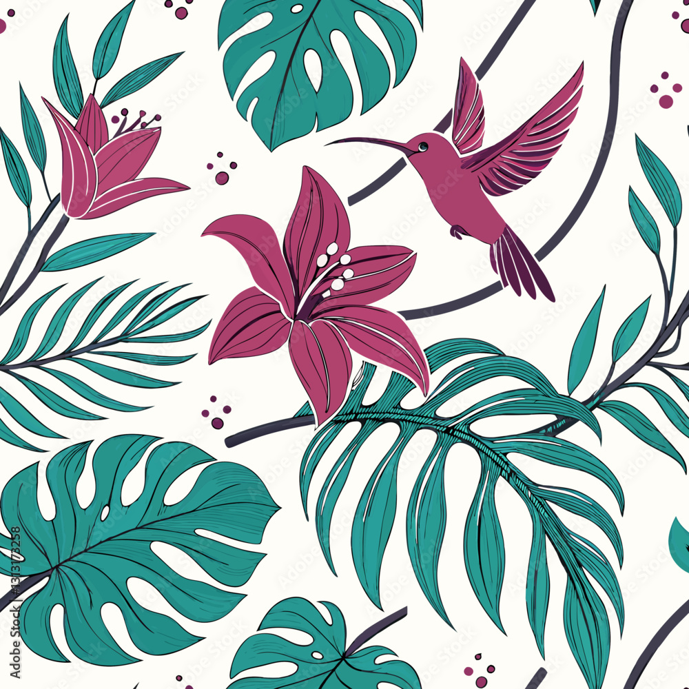 Exotic floral pattern with tropical orchids and exotic leaves rendered in vibrant magenta and emerald green. Hummingbirds and dew drops add a touch of jungle magic against the lush jungle foliage bac Exotic floral pattern with tropical orchids and exotic leaves rendered in vibrant magenta and emerald green. Hummingbirds and dew drops add a touch of jungle magic against the lush jungle foliage bac