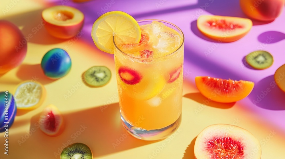 Fototapeta premium Refreshing Summer Drink with Fruits on Colorful Table Surface