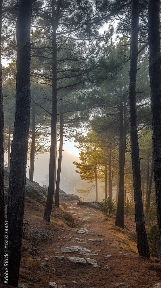 Fototapeta premium circulation fog mist Serene forest path under soft morning light.