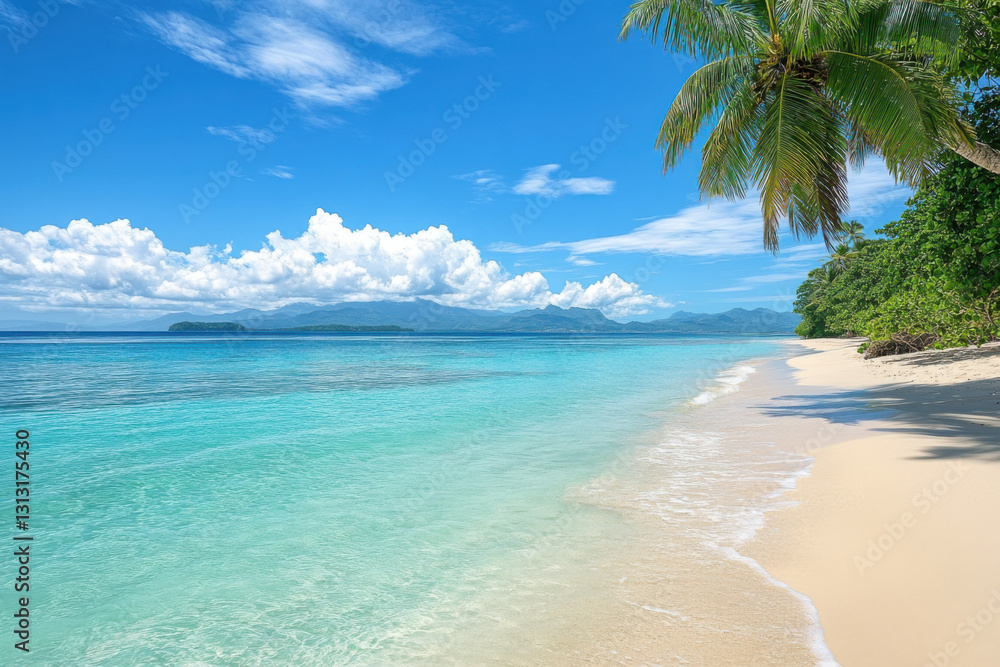 Tropical beach paradise with coconut trees, white sandy shore, and crystal-clear blue water. Perfect scenic view for vacation, relaxation, and travel concepts. Tropical beach paradise with coconut trees, white sandy shore, and crystal-clear blue water. Perfect scenic view for vacation, relaxation, and travel concepts.