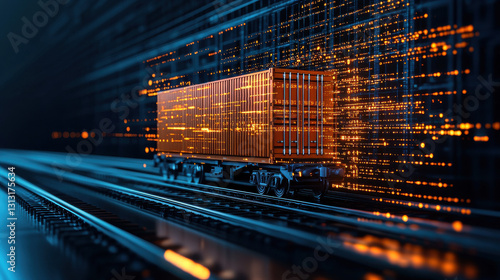 A digital representation of freight train with glowing orange container, symbolizing technology and transport innovation