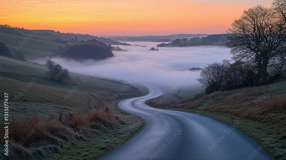 Fototapeta premium circulation fog mist Serene winding road through misty valleys.