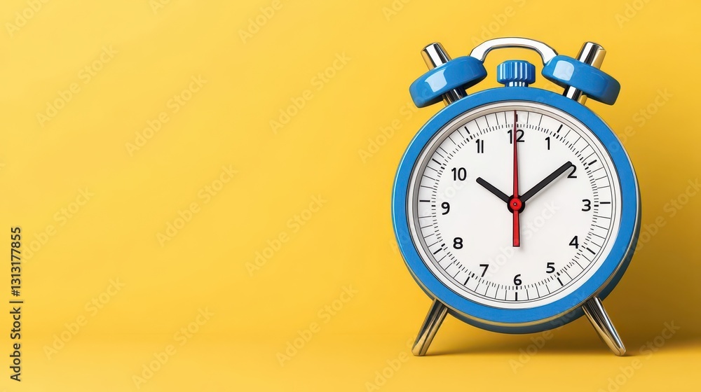 Charming blue alarm clock sitting on a bright yellow background creating a vibrant and energetic morning atmosphere Charming blue alarm clock sitting on a bright yellow background creating a vibrant and energetic morning atmosphere