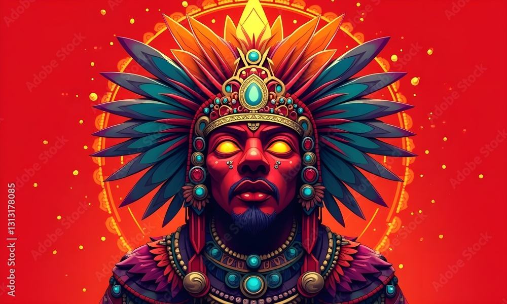 Mesoamerican God with Sacred Geometry on Crimson Red Background Mesoamerican God with Sacred Geometry on Crimson Red Background