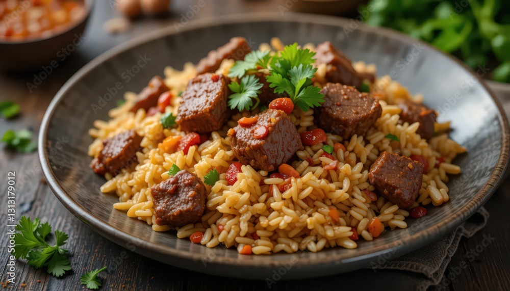 Delicious Beef and Rice Dish with Cilantro Garnish Delicious Beef and Rice Dish with Cilantro Garnish